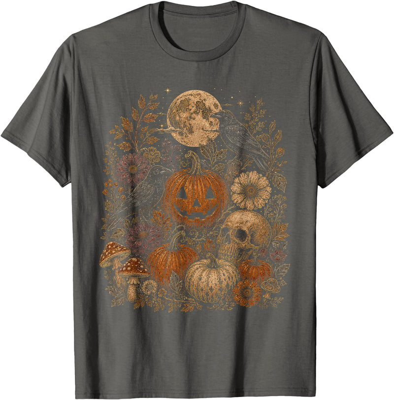 Threadrock Vintage Halloween Harvest Retro Gothic Botanical T-Shirt - Asphalt Grey