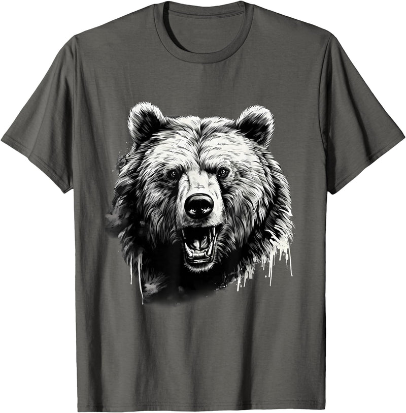 Forest Animal Art Bear Animal Art Portrait Wildlife Nature Artwork Drawing T-Shirt - Asphalt Grey