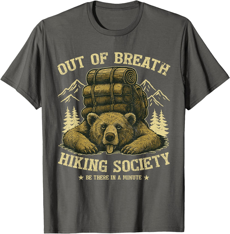 Bear Camp Trekkers Funny Hiking Bear Out of Breath Joke T-Shirt - Asphalt Grey