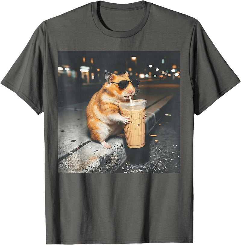 Hamster Drinking Iced Coffee Funny Animal Meme Men Women T-Shirt - Asphalt Grey