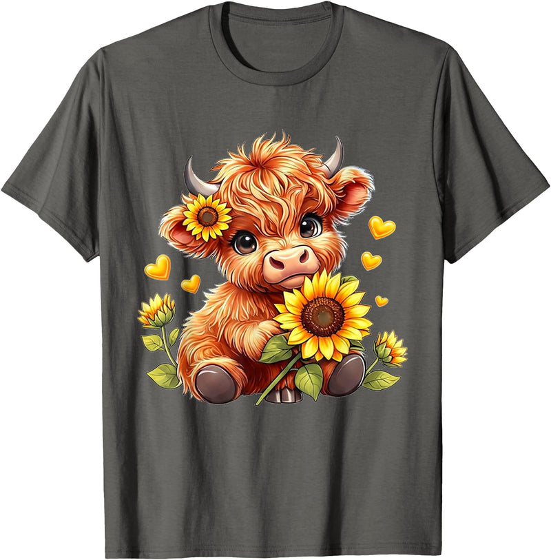 Cute Highland Cow Sunflowers For Girls Cute Highland Cow Sunflowers Girls Women Animal Lovers T-Shirt - Asphalt Grey