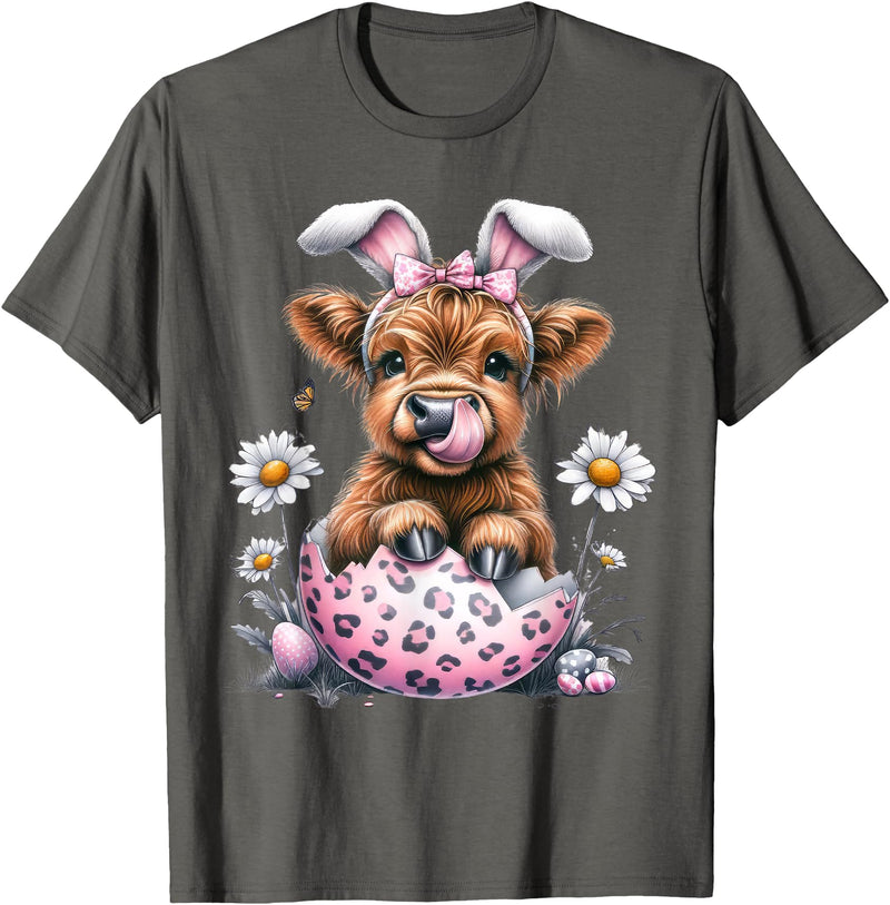 Funny Cow Easter Rabbit Cute Highland Cows Lover Easter Day T-Shirt - Asphalt Grey