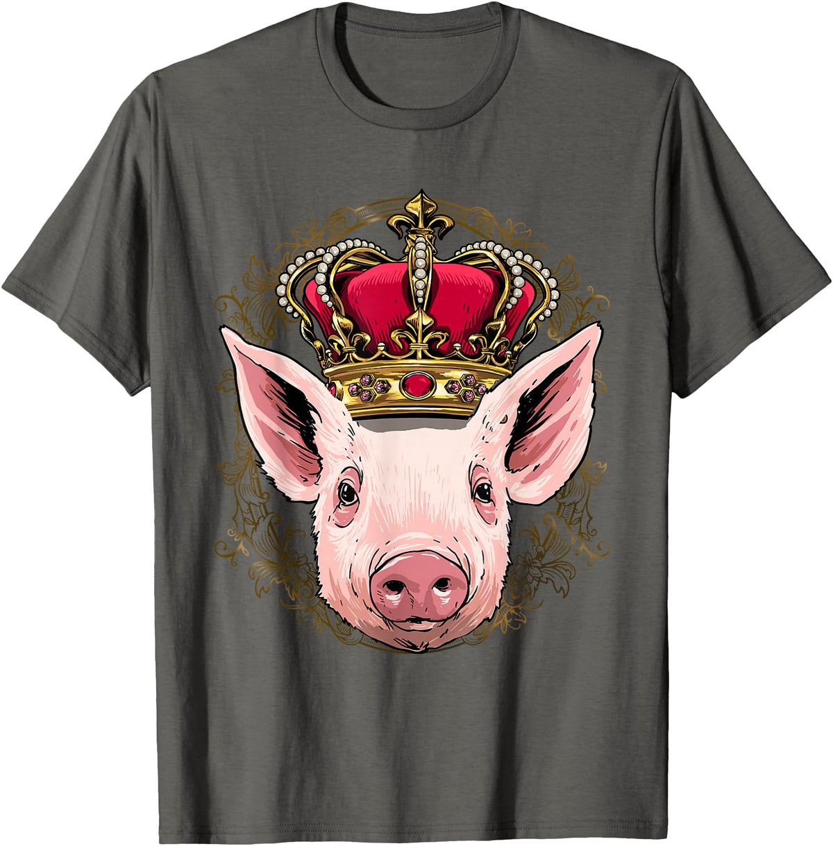 Wowsome! King Pig Wearing Crown - Queen Pig Animal T-Shirt - Asphalt Grey