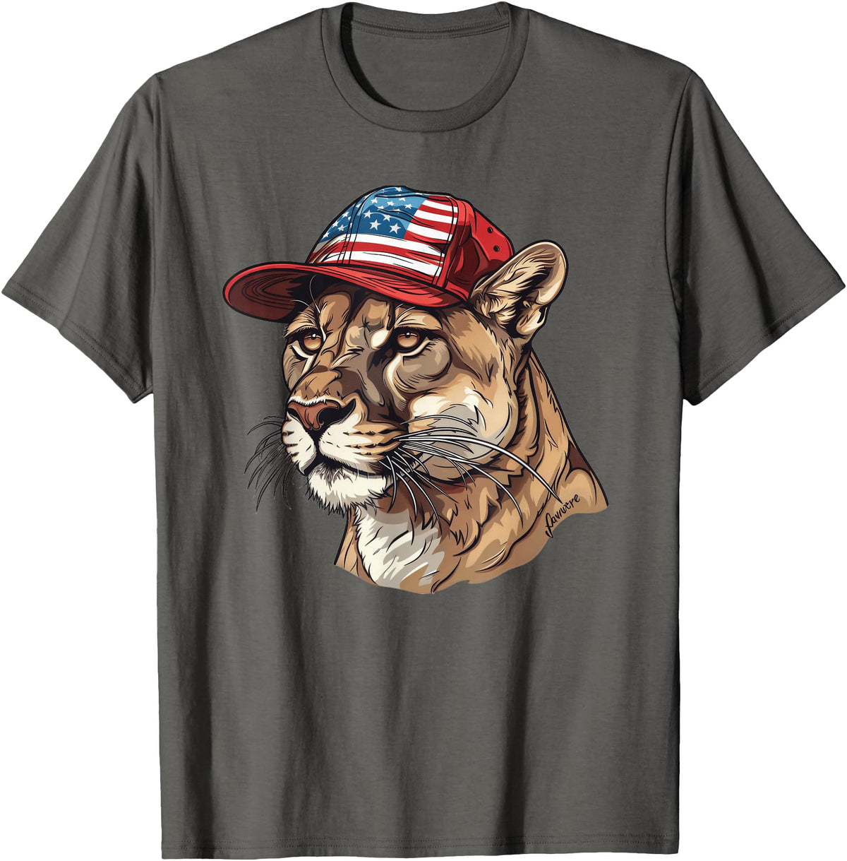 Mountain Lion Cougar Panther Catamount Designs Mountain Lion With USA Hat T-Shirt - Asphalt Grey
