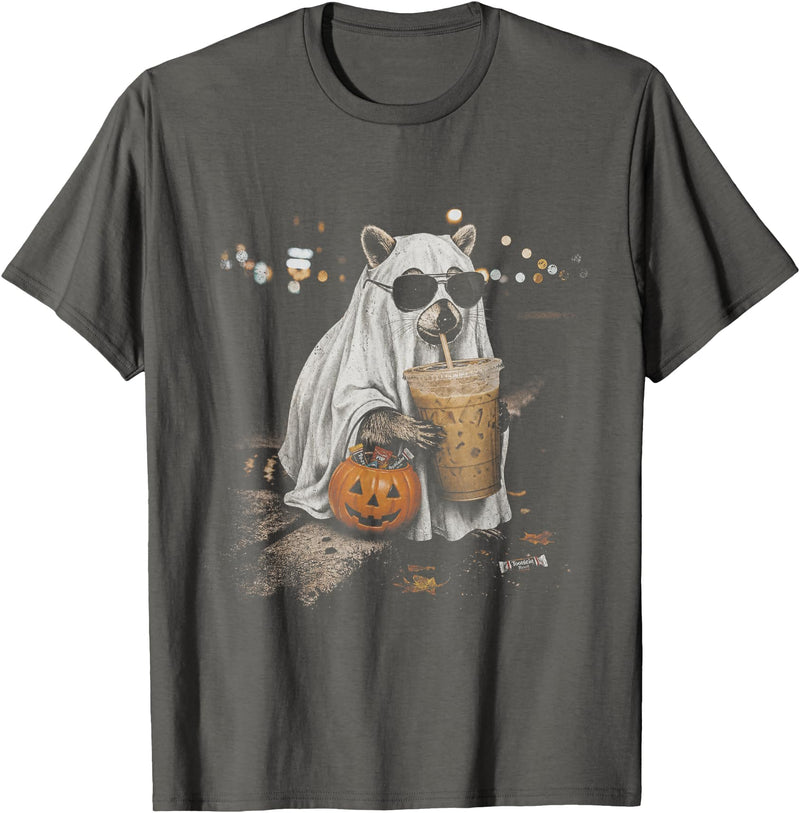 Funny Halloween Raccoon with Pumpkin and Coffee Raccoon with Pumpkin and Coffee Vintage 90s Halloween T-Shirt - Asphalt Grey