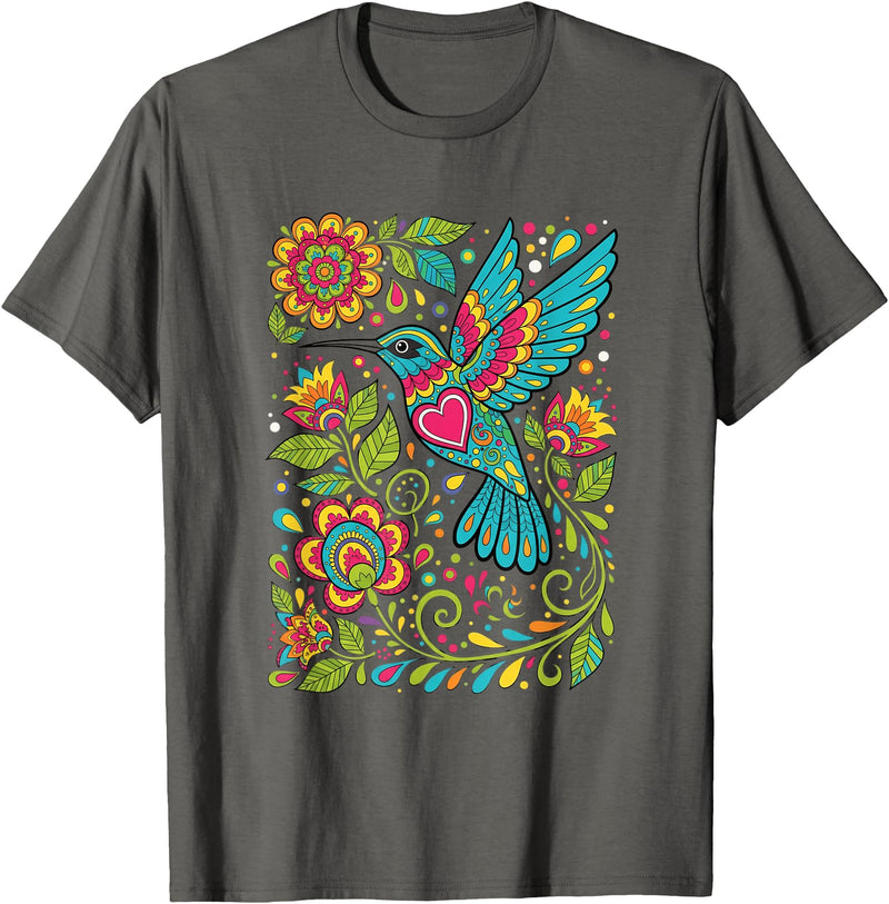 FolkFlight Design Co Bird Hummingbird Floral Folk-Art Colorful T-Shirt - Asphalt Grey