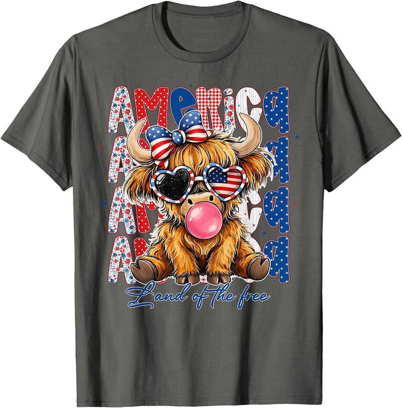 Cute Cow Creations Highland Cow 4th of July, Patriotic Cowgirl Bow Design T-Shirt - Asphalt Grey