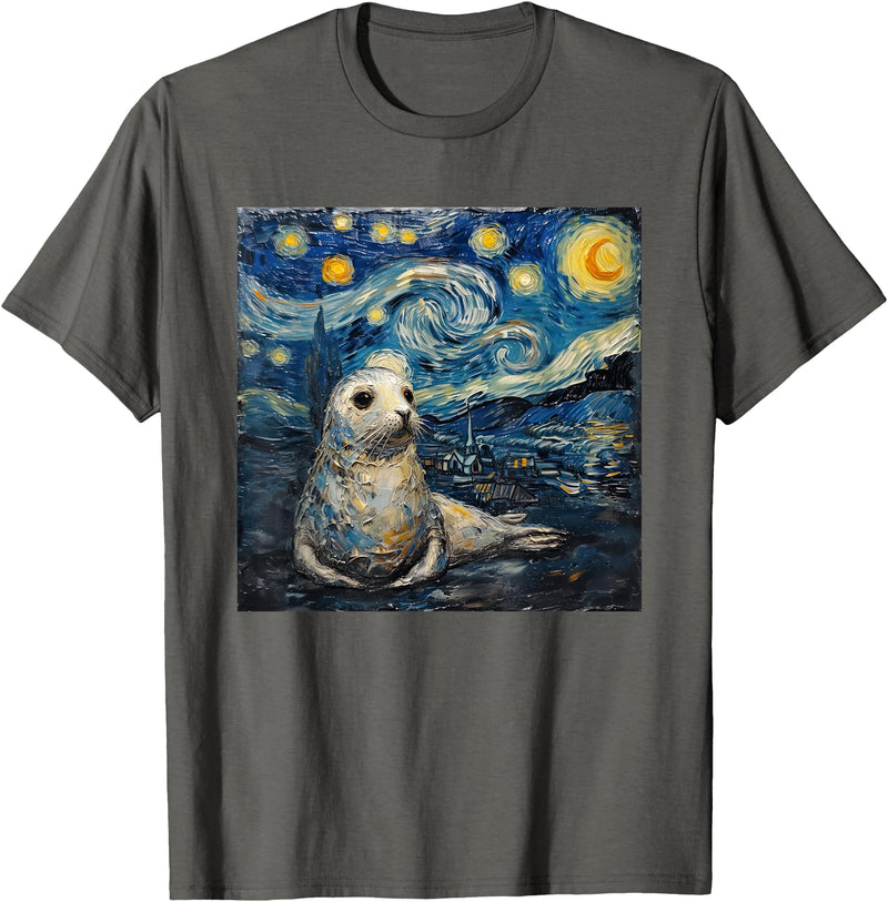 Seal Sea Lion Lover Co Seal Sea Lion Van Gogh Style Starry Night T-Shirt - Asphalt Grey