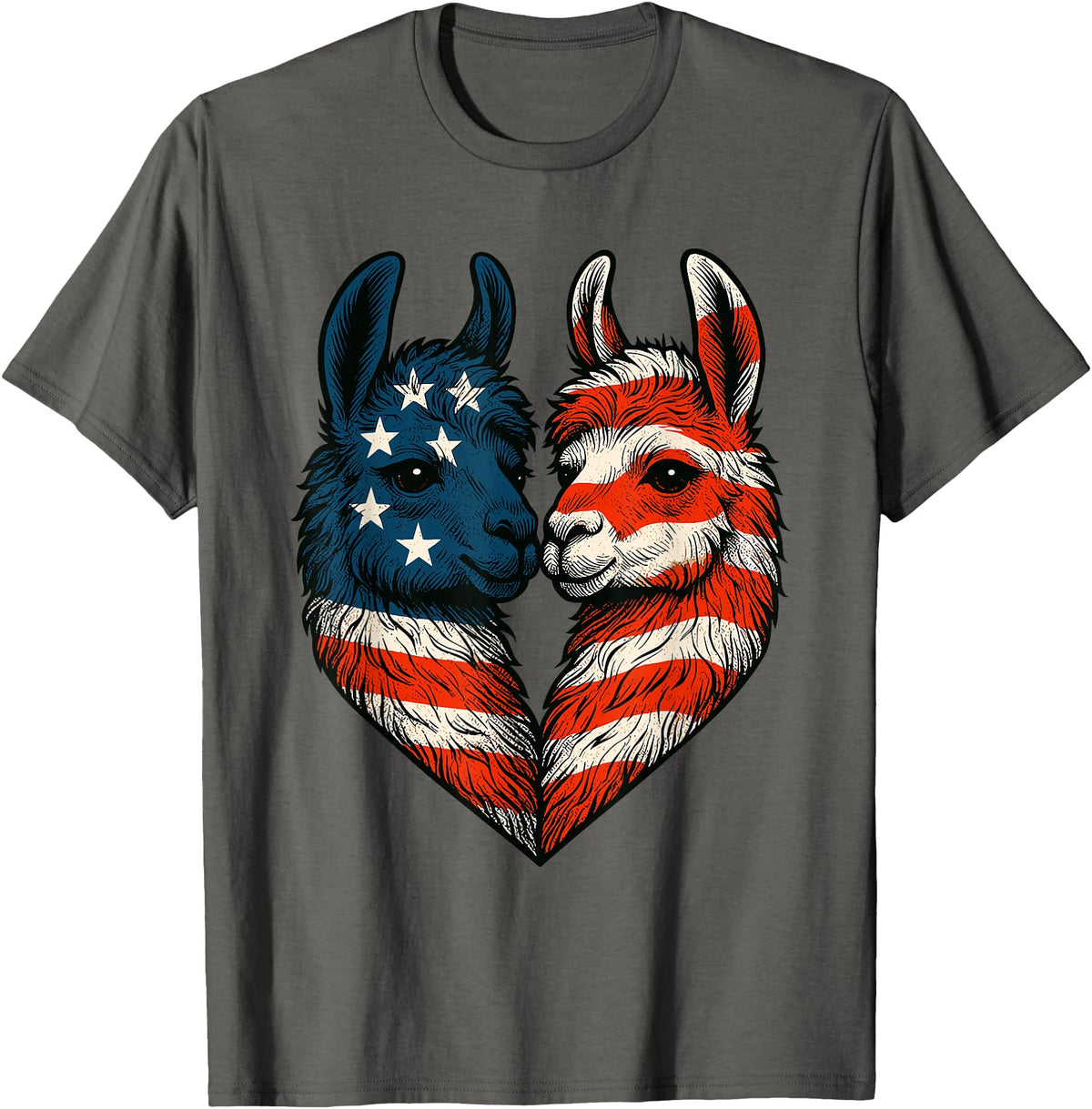 Fourth of July Clothing Co. Patriotic Llamas Heart American Flag 4th of July Graphic T-Shirt - Asphalt Grey