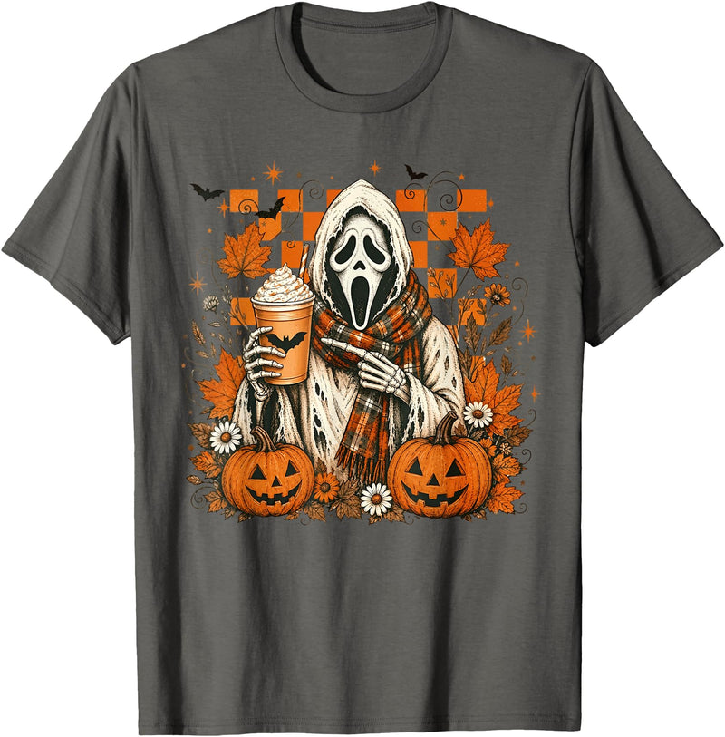 Halloween Pumpkin Ghost Autumn Leaves Graphic Cute Spooky Ghost Fall Halloween Coffee Latte Autumn Pumpkin T-Shirt - Asphalt