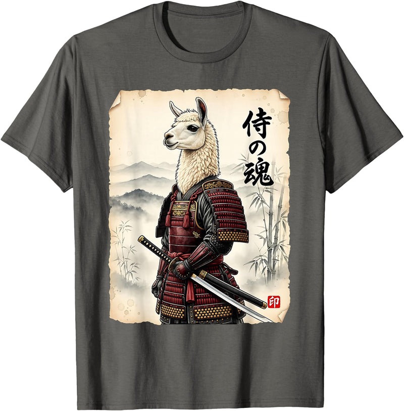 Vintage Samurai Alpaca Llama Japanese Art Tees Samurai Llama Japanese Art Vintage Alpaca Funny Animal T-Shirt - Asphalt Grey