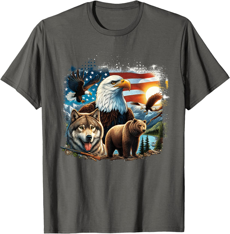 USA Animals Bald Eagles Grizzly Bear Wolf Wilderness Nature T-Shirt - Asphalt Grey