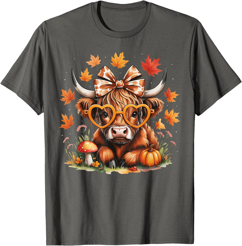 Fall Highland Cow Bow ThanksGiving Ades.shirt Fall Highland Cow Pumpkin Bow Thanksgiving Fall Girl Women T-Shirt - Asphalt