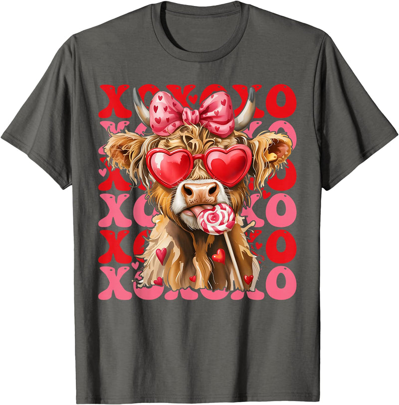 Valentine XOXO Highland Cow Fng Valentine XOXO Highland Cow Cute Coquette Bow Western T-Shirt - Asphalt Grey