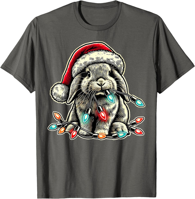 Holland Lop Rabbit Chew Christmas Light Vintage Artistic T-Shirt in Asphalt Grey