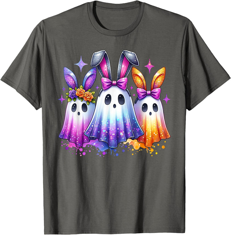 Colorful Cute Ghost Bunny Ears Spooky Easter Rabbit Lover T-Shirt in Asphalt Grey