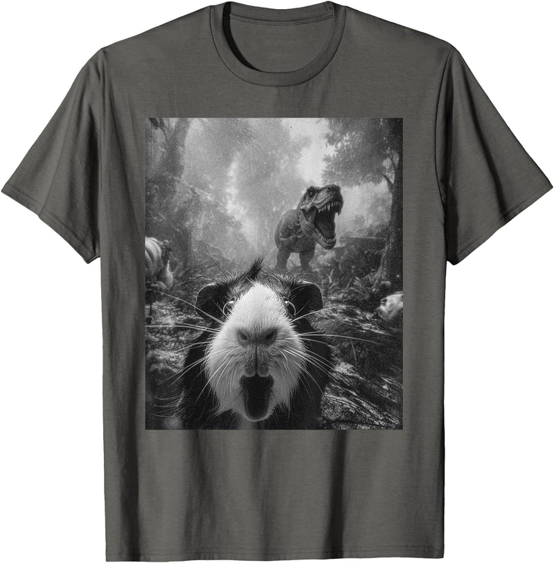 Vintage Cute Guinea Pig Bootleg Streetwear Graphic Funny Guinea Pig Selfie with T-Rex Dinosaur Dino Graphic T-Shirt - Asphalt Grey