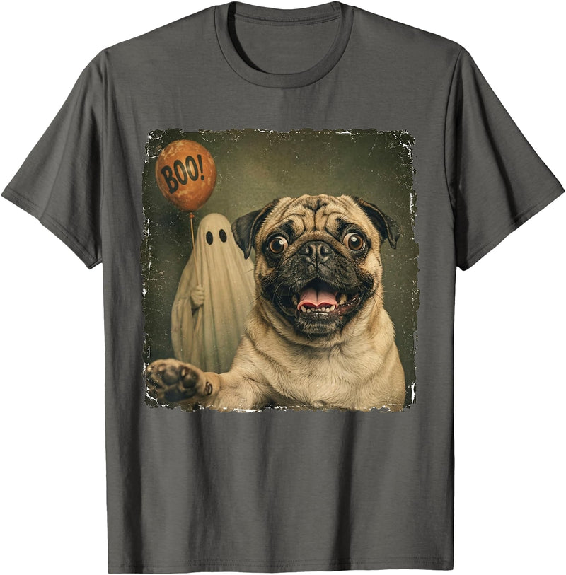 Issebl Dog Pug Lover Funny Pug Halloween Ghost Selfie Dog Funny T-Shirt - Asphalt Grey