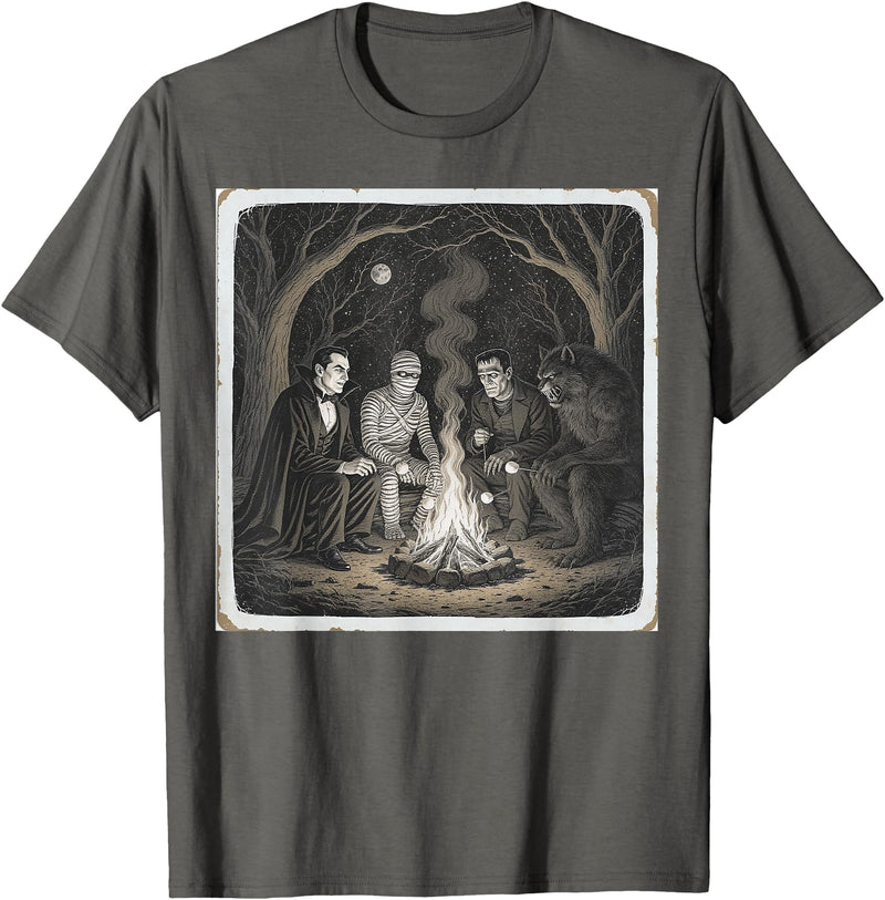 Classic Monsters Campfire Halloween Wear Classic Monsters Campfire Halloween Costumes Graphic T-Shirt - Asphalt Grey