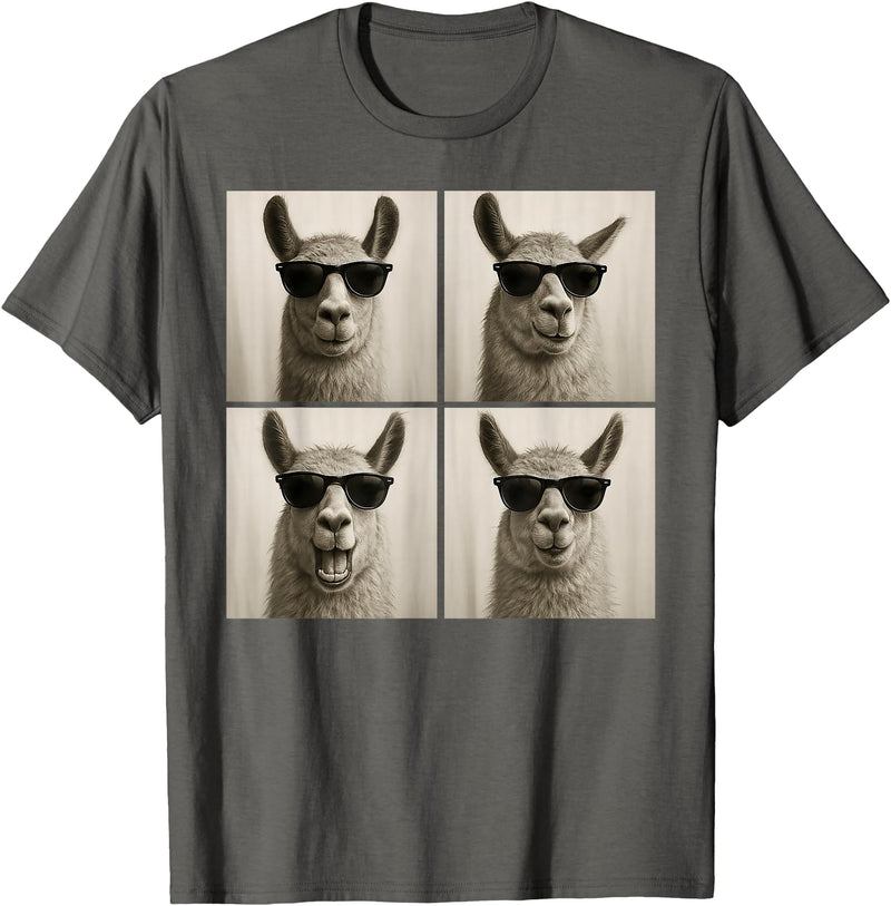 Retro Llama Portrait with Sunglasses Funny Llama Lover Cute Llama Photo Booth T-Shirt - Asphalt Grey