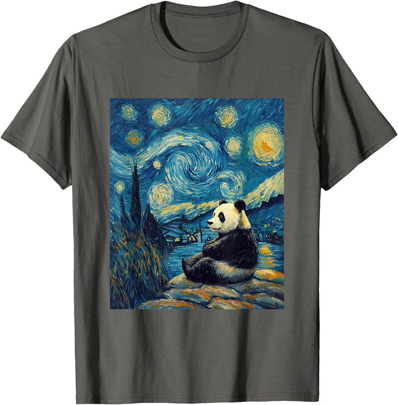 Bear Designs. Cute Panda Bear Van Gogh Style Starry Night Graphic T-Shirt - Asphalt Grey