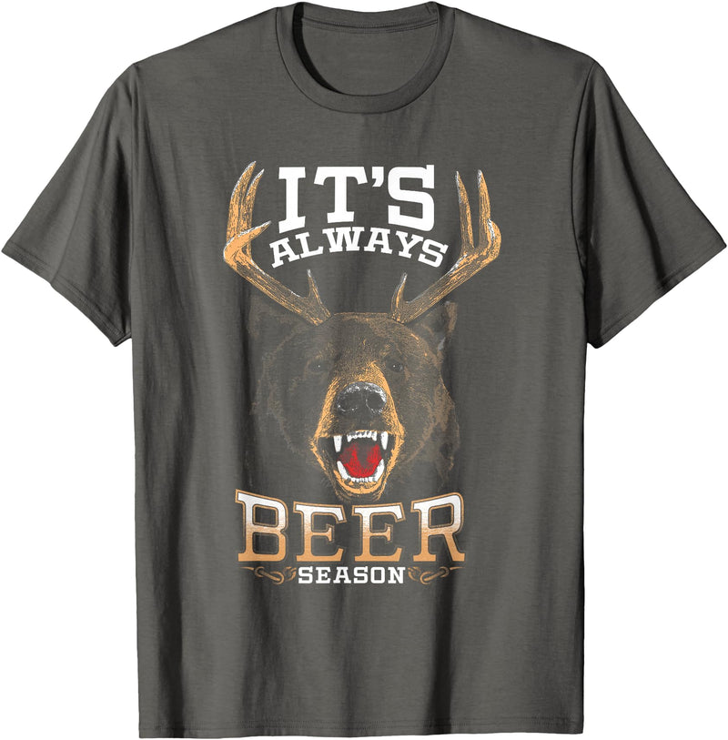 Hunted Apparel It's Always Beer Season Bear Deer Beer Funny Hunter Hunting T-Shirt - Asphalt Grey