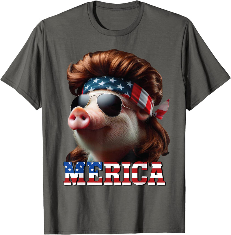 Funny Mullet Farm Pig Patriotic Pig Merica Mullet 4th of July And Father's Day Man Funny T-Shirt - Asphalt Grey