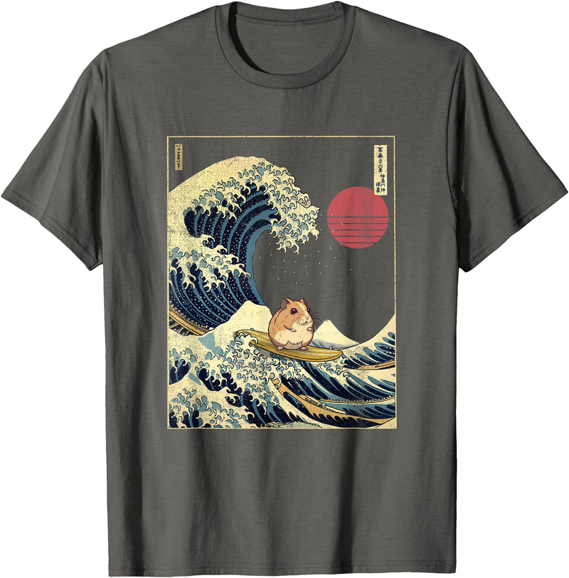Hamster Kanagawa Wave Funny Surf Animal T-Shirt - Asphalt Grey