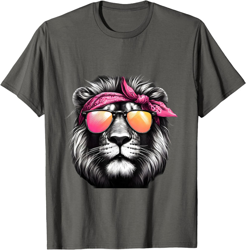 Fashionable Animals Wearing Pink Bandanas Lion Wearing a Pink Bandana Headband and Sunglasses T-Shirt - Asphalt Grey