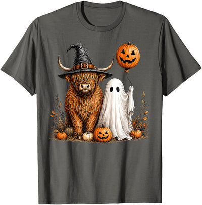 Fall Highland Cow Ghost Autumn Pumpkin Halloween Spooky T-Shirt
