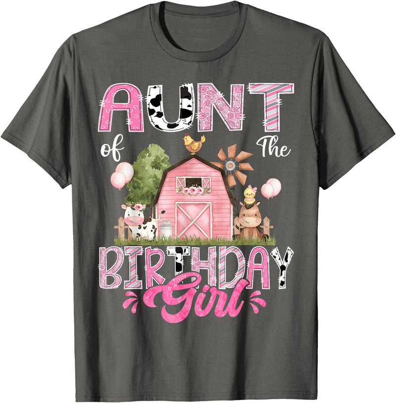Famer Pink Cow Birthday Matching Tees Aunt Of The Birthday Girl 1St Birthday Pink Cow Farm T-Shirt - Asphalt Grey