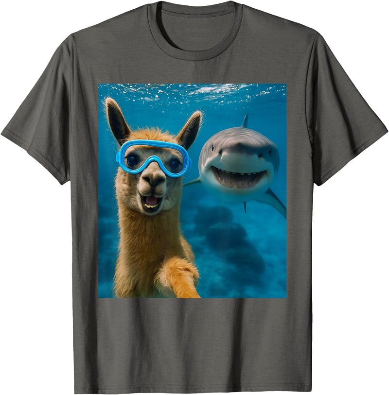 Selfie Llama and Shark Summer Scuba Diving Funny Llama Selfie with Shark Ocean Lovers T-Shirt - Asphalt Grey