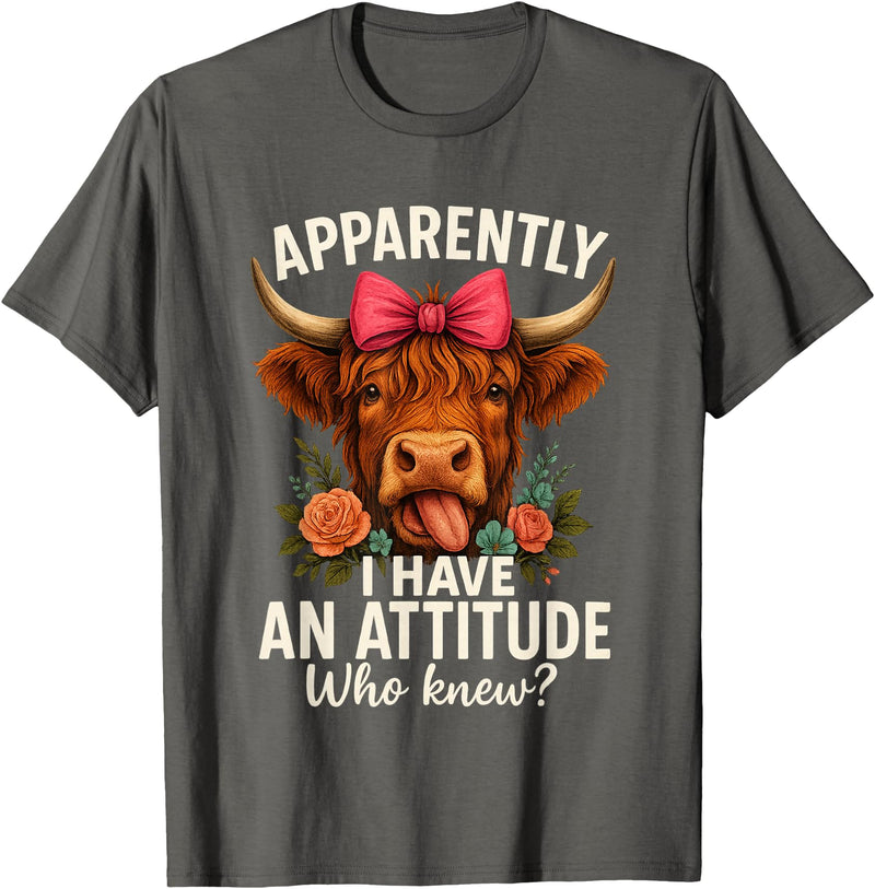 Mother's Day Gifts by LD Apparently I Have an Attitude Who Knew Sarcasm Highland Cow T-Shirt - Asphalt Grey