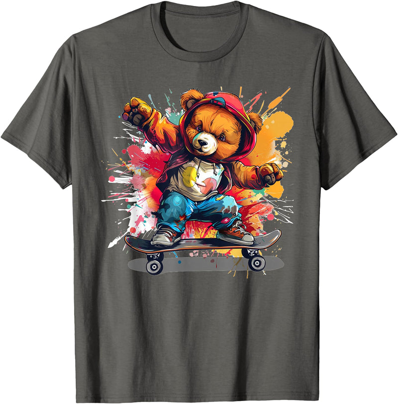Cool Teddy with skateboard Colourful Splash with Skateboard Teddy Bear Outfit T-Shirt - Asphalt Grey