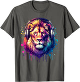 Funny Animal With Headphones Lion With Headphones T-Shirt - Asphalt Grey