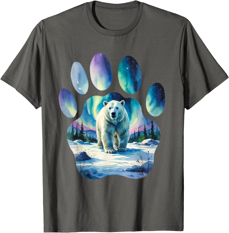 Soft Shapes Studio Polar Bear with Northern Lights in Paw-Shaped Frame T-Shirt - Asphalt Grey