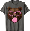 Bear Face Wearing Glasses Apparel For Women ladies Cute Bear Face Eating Gum and Makes Bubble Funny Bears Women T-Shirt - Asphalt Grey