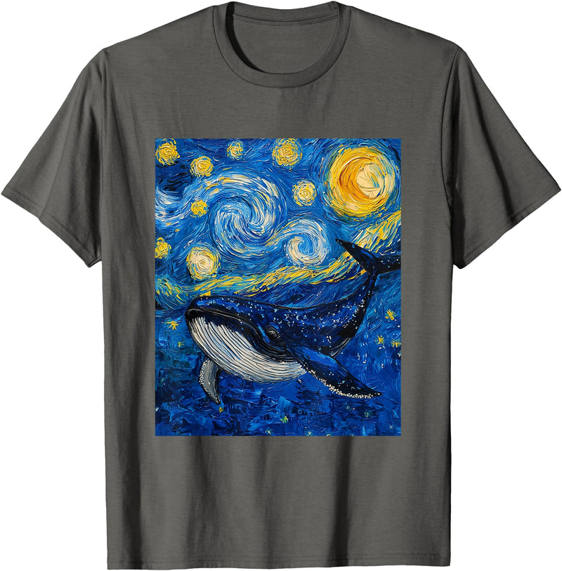 Whale Designs. Whale Fish Van Gogh Style Starry Night Sea Graphic T-Shirt - Asphalt Grey