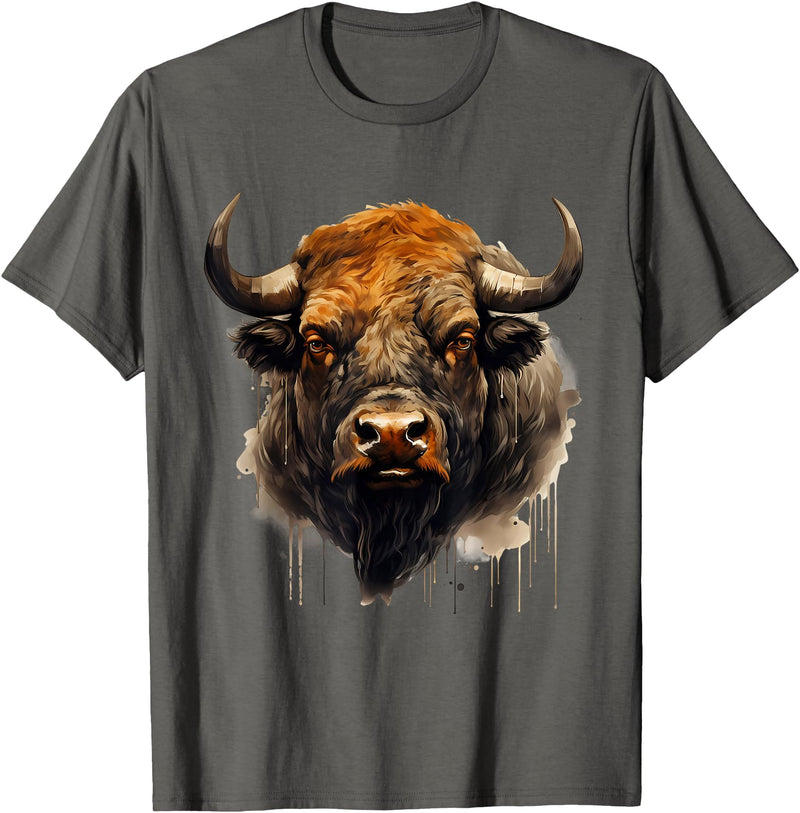 Safari Animal Art Buffalo Animal Print Portrait Bison Nature Artwork T-Shirt - Asphalt Grey
