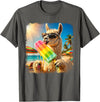 Funny Llama Popsicle Summer Ice Cream Rainbow Drip Funny Llama Eating Popsicle Summer Beach Animal Sunglasses T-Shirt - Asphalt Grey