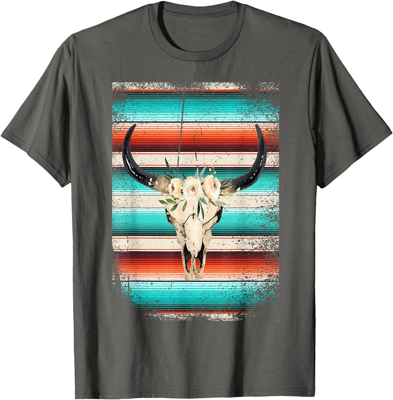 Funny Serape Cow BOHO designs Funny Serape Cow BOHO print Flower Rustic Turquoise T-Shirt - Asphalt Grey