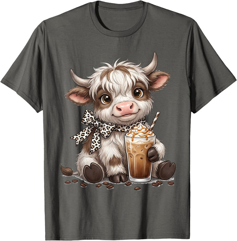 Funny Highlander Cow Drinking Coffee Lover Designs Highland Cow Drinking Iced Coffee Lover Funny Animal Meme T-Shirt -
