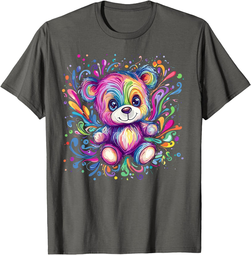 Vibrant Colorful Teddy Bear Illustration Rainbow Splash Teddy Bear T-Shirt - Asphalt Grey