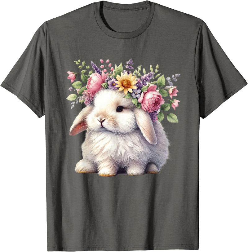 Easter Bunny with Floral Flower Crown Cute Girls Women T-Shirt in Asphalt Grey