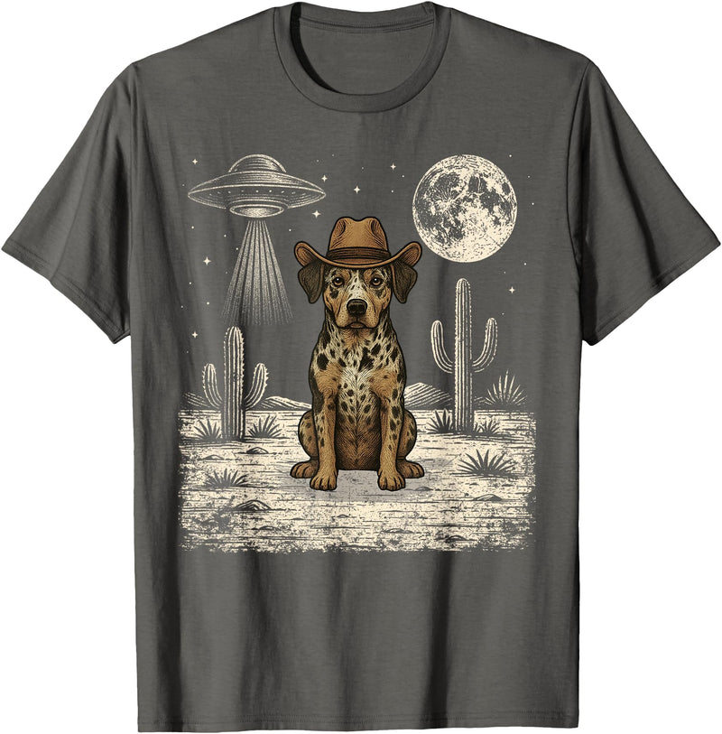 Retro Catahoula Leopard Dog Lover Halloween Moon Funny Catahoula Leopard Dog Cowboy Western UFO T-Shirt - Asphalt Grey