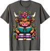 Funny Highland Cow Lover Highland Cow Book Floral Bookworm T-Shirt - Asphalt Grey