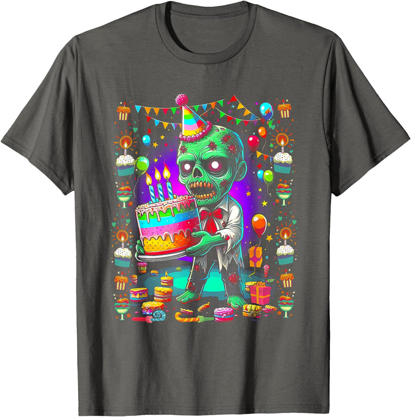 Zombie Holding Birthday Cake Halloween Birthday Horror Party T-Shirt - Asphalt Grey