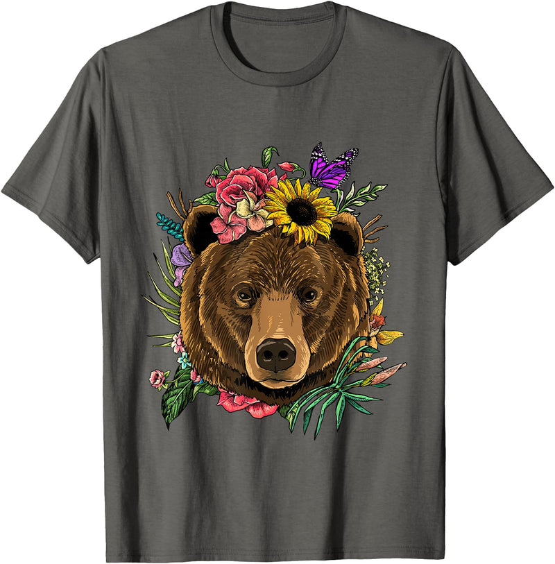 Wowsome! Bear Shirt Nature Floral Grizzly Bear Face Animal Bear Lover T-Shirt - Asphalt Grey