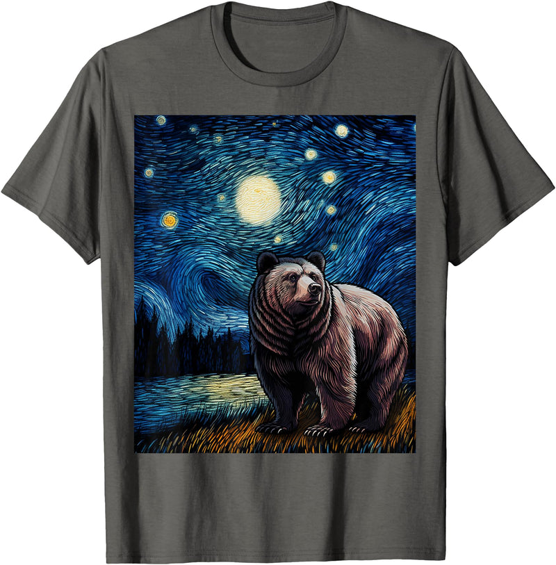 Starry Night Wildlife Graphic Grizzly Bear Van Gogh Starry Night Grizzlies Animal T-Shirt - Asphalt Grey