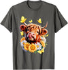 Highland Cow Sunflower Daisies Butterflies Western Animal T-Shirt - Asphalt Grey